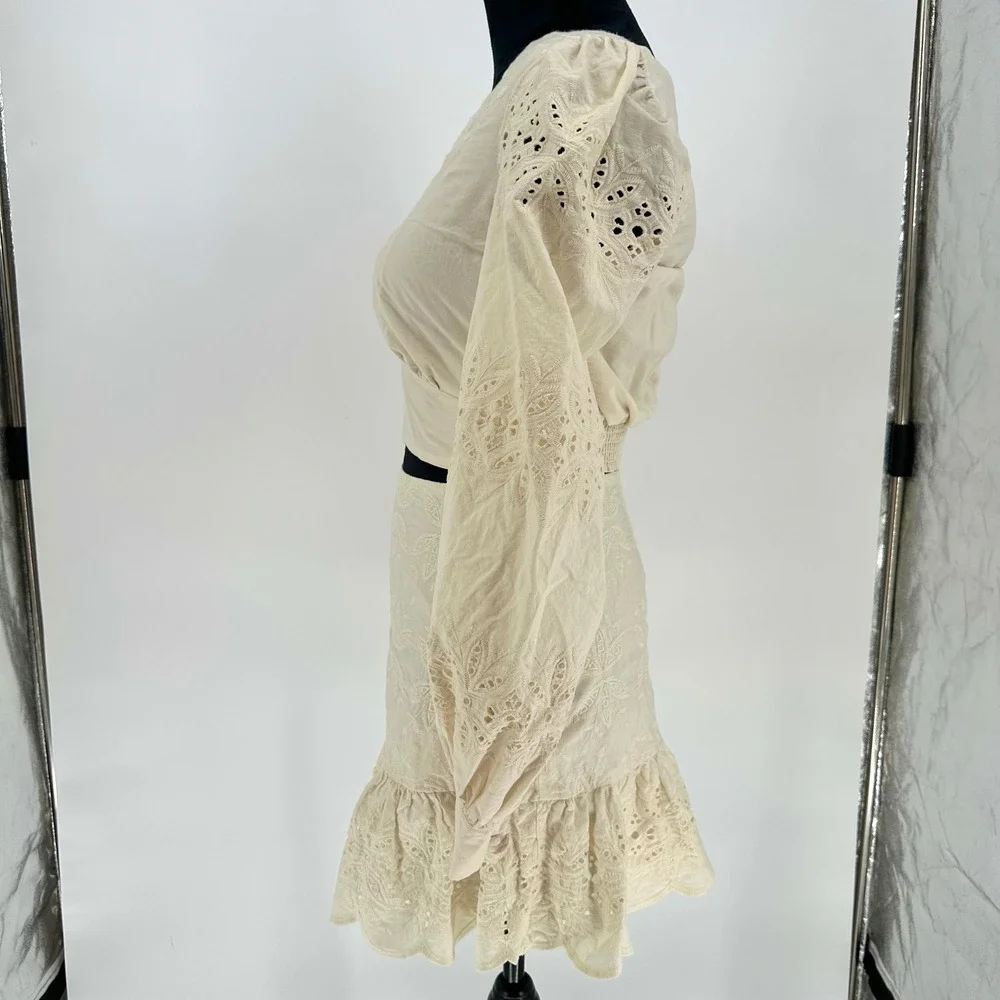 Express 2 Pc Ivory Embroidered Eyelet Ruffle Mini Skirt Cropped Scalloped Top S4